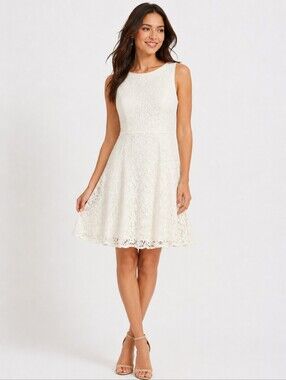 Adrianna Papell Elegant Off White Floral Scroll Lace Fit & Flare Romantic Dress